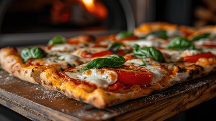 Delicious homemade pizza with fresh basil and mozzarella cheese, baked to perfection in a wood-fired oven.
