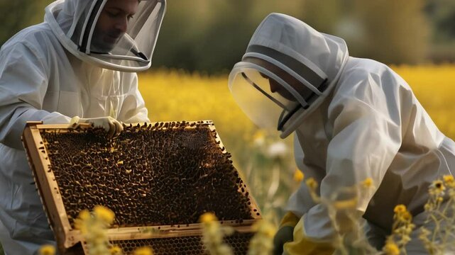 Beekeepers Inspecting Honeycomb Frames in Field