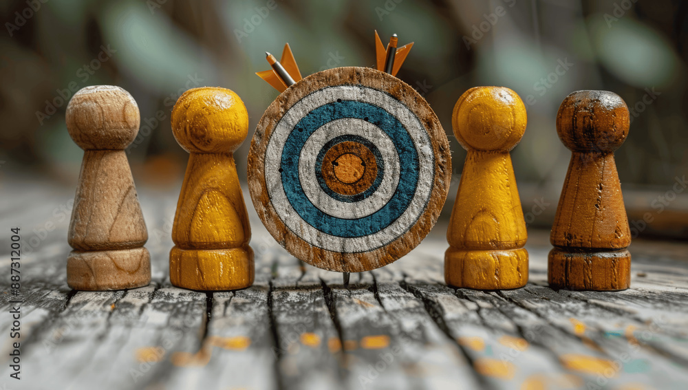 Poster wooden figures with dartboard and arrow business objective target team strategy achievement