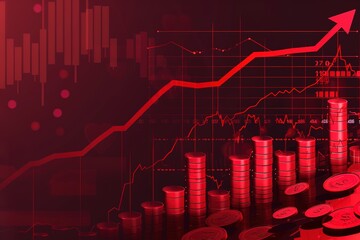 A red background with a graph showing a rising line and a pile of coins