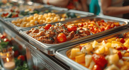 Luxurious Food Shot with Grilled Meat and Vegetables at Wedding Party Buffet People Background Cinematic Lighting High Resolution Professional Establishing Shot