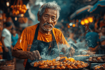 Obraz premium Mexican street vendor grilling tacos al pastor in vibrant Mexico City, with locals and tourists enjoying the bustling atmosphere and authentic culinary experience