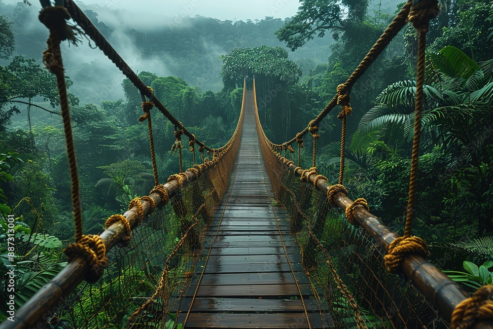 Poster a bridge over a forest with a rope bridge