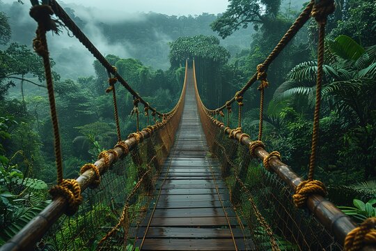 Fototapeta A bridge over a forest with a rope bridge