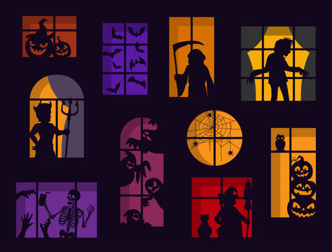 Halloween scary silhouettes in window for holiday horror night, vector cartoon background. Spooky pumpkin lantern, boo ghost and witch with zombie or skeletons and monster devil silhouette in window