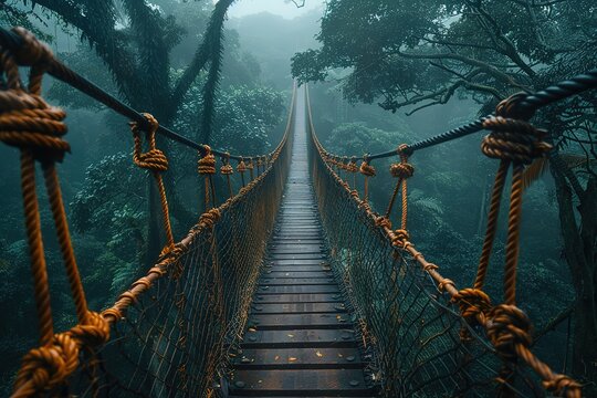 Fototapeta A wooden bridge with a rope bridge over a forest