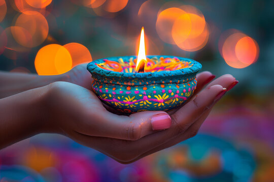 Woman holding lit diya lamp on brown background with blurred lights closeup view. Diwali holiday