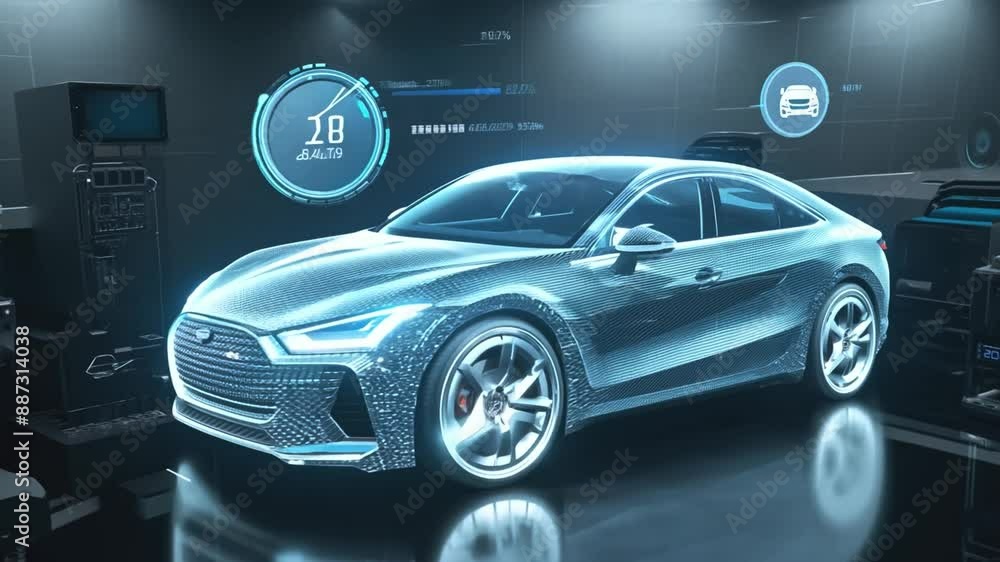 Poster a digital model of a car, rendered in blue and white, is displayed in a garage-like setting.
