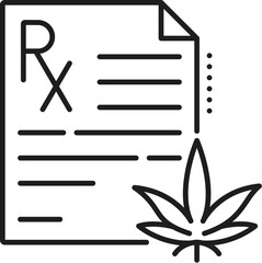 Cannabis prescription RX line icon for medical marijuana pills or CBD pharmaceutical drug, vector symbol. Weed CBD pills prescription icon for cannabis sativa treatment or medical marijuana therapy