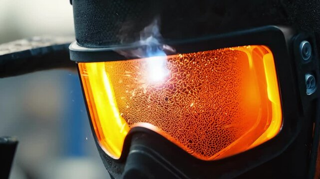A closeup of the welding mask with the reflection of the fiery welding process visible in the lens.