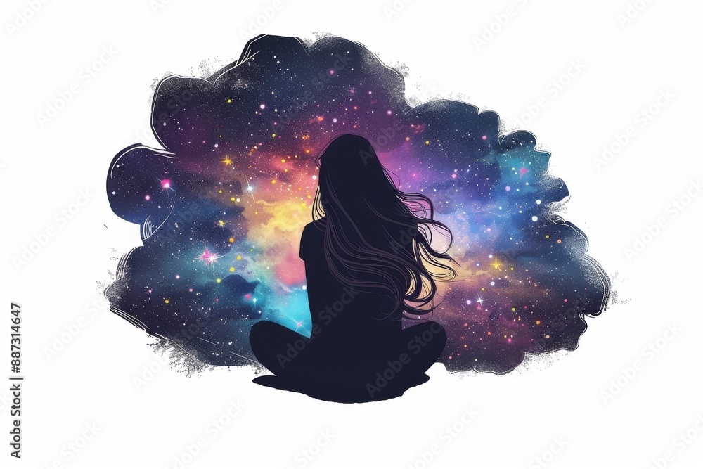 Sticker Woman with Cosmic Elements and Silhouette