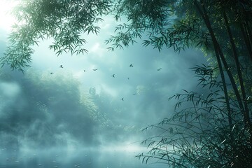 A forest with a misty sky and trees