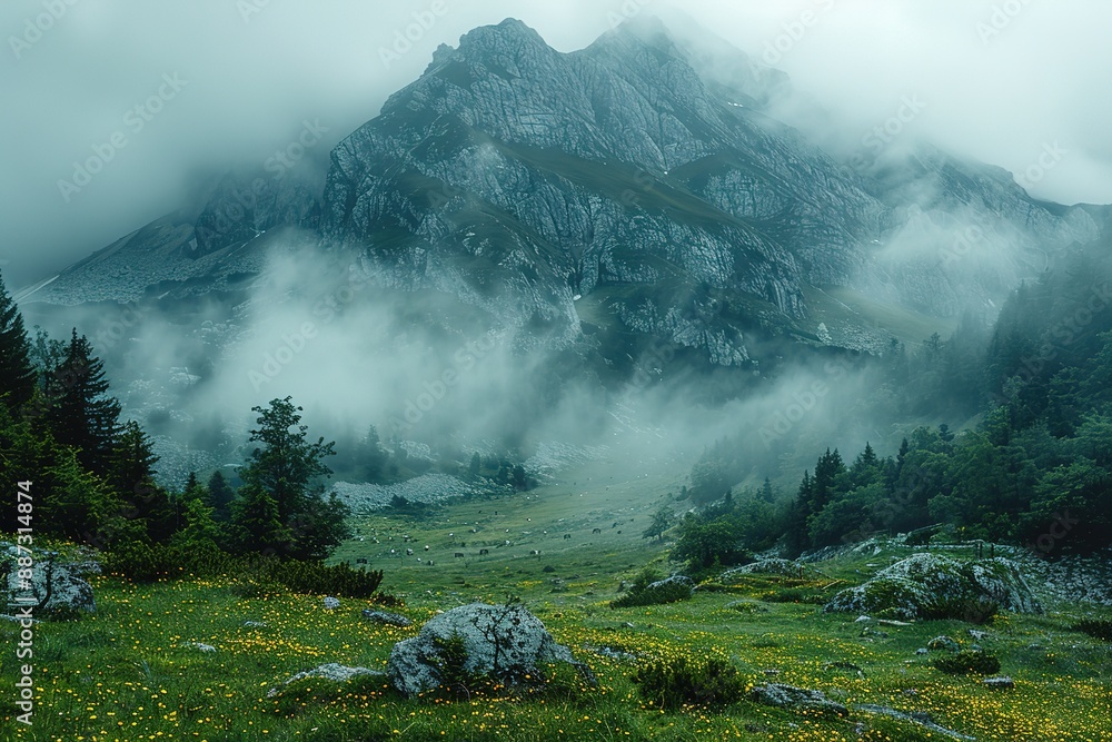 Poster a mountain range covered in fog and trees