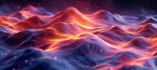 Data Visualization Waves and Mountains in Glowing Colors on Black Background