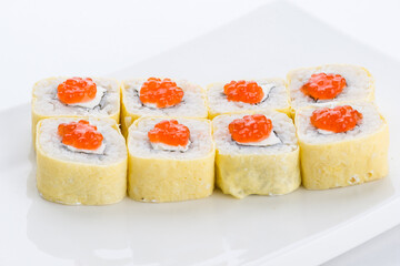 Sushi set and composition at white background. Japanese food restaurant, sushi maki gunkan roll plate or platter set.
