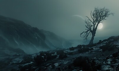 Obraz premium Lonely Tree Under a Foggy Moon