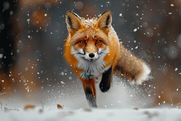 Fototapeta premium A fox is running through the snow, with its tail in the air
