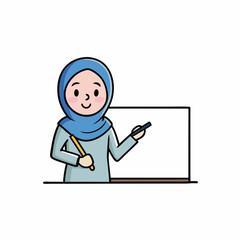 Teacher in hijab teaching on whiteboard vector art illustration