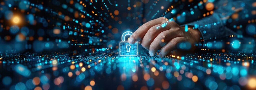 Cybersecurity Concept - Hand Interacting with Digital Lock