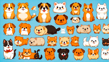 Many dogs of different sizes and colors on a blue backdrop.
