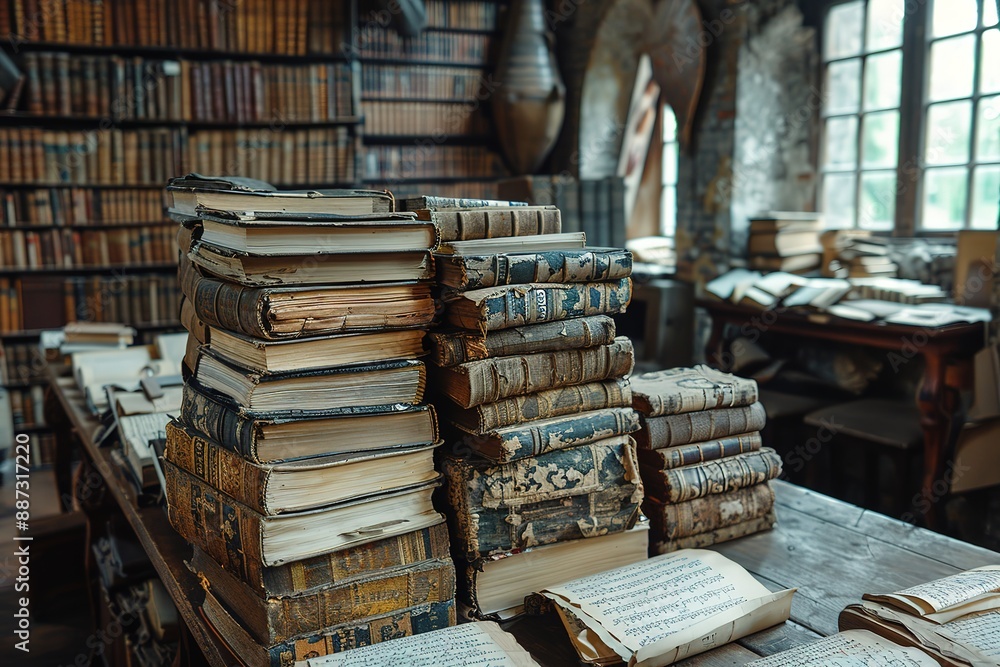 Poster a library with many books stacked on a table