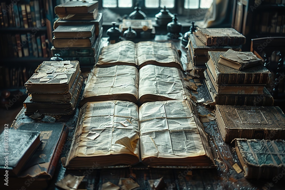 Poster a table full of old books with a large open book in the middle