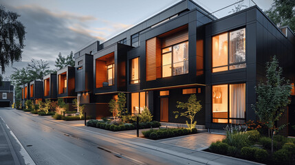 Obraz premium Modern black paneling townhouses with wooden accents in a row, high-quality evening light_rendering