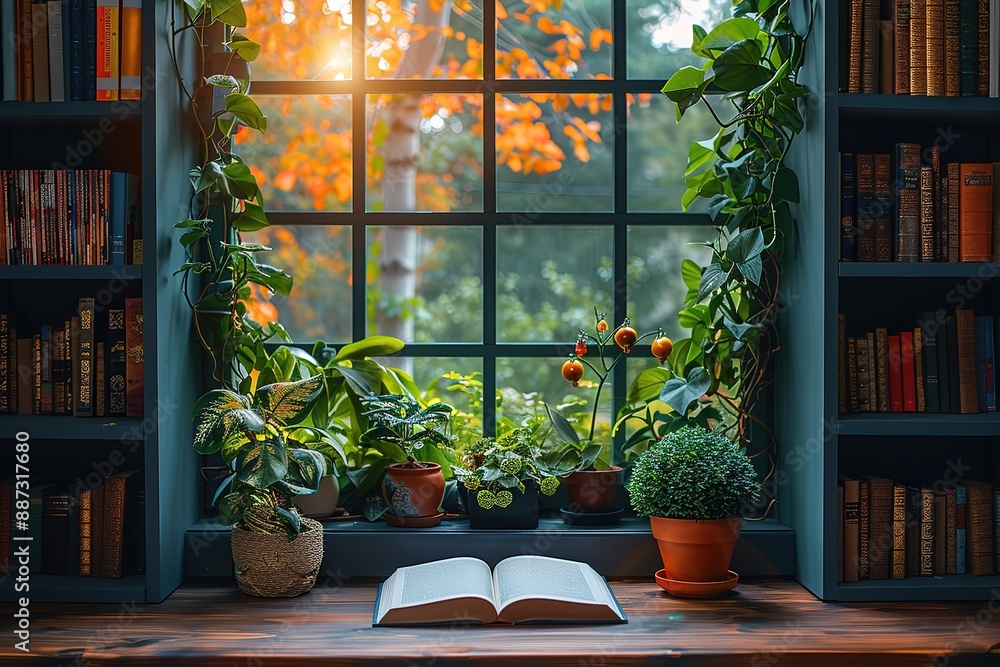 Aufkleber a window with a view of a tree and a book on a table