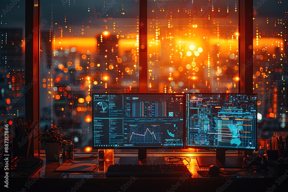 Poster a computer monitor with a city view in the background