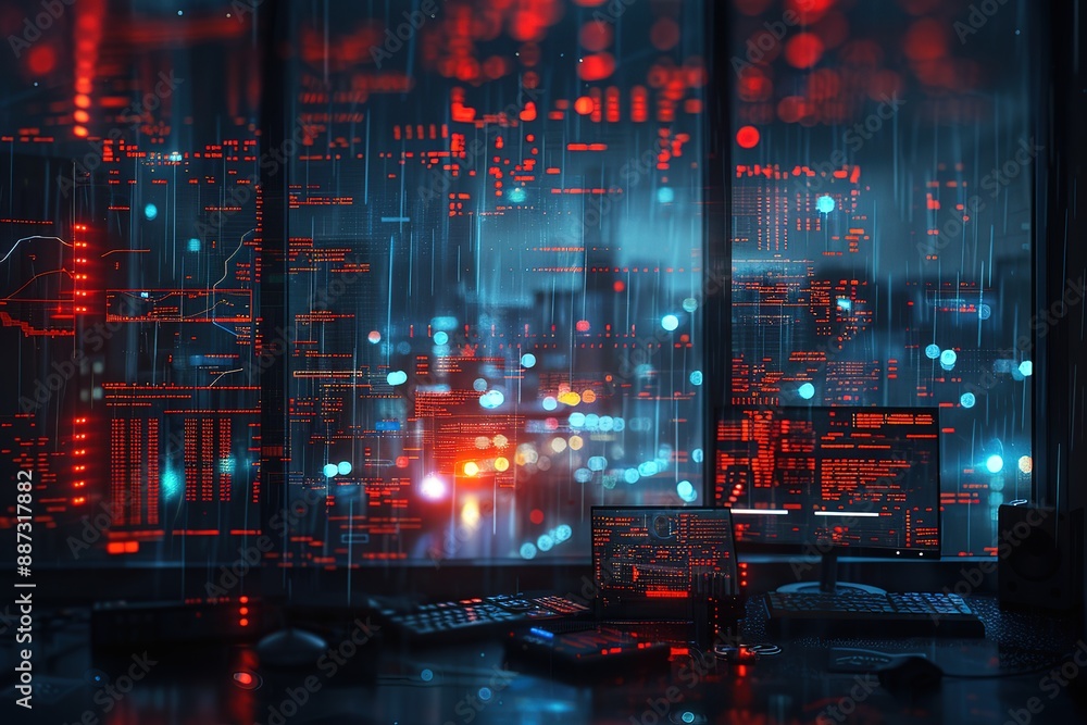 Poster a computer monitor displays a cityscape with a red and blue background