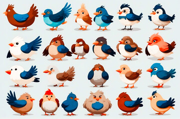 Obraz premium Several animated birds in various pose, colors and sizes.