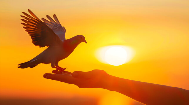 Silhouetted pigeon elegantly landing on outstretched hands against a vibrant colorful sunset sky  The minimalist composition conveys a sense of freedom peace and spiritual connection with nature - Powered by Adobe