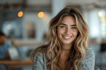 Happy Young Businesswoman Discussing Project with Colleague in Office via Video Call