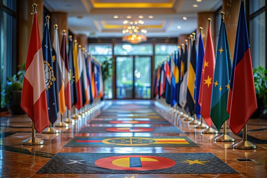 A long line of flags are displayed in a hallway
