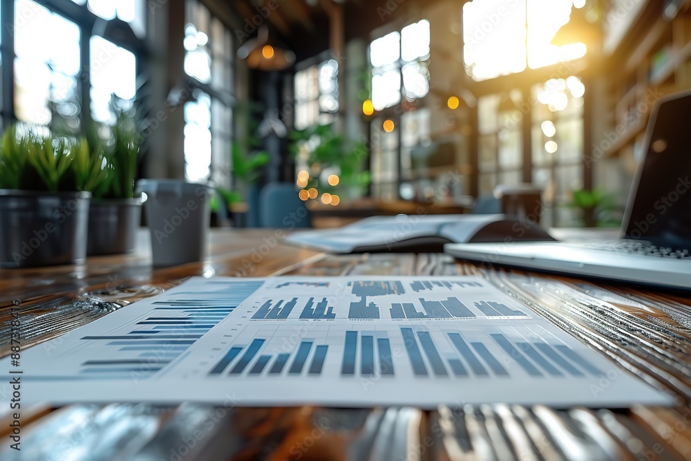 Poster a table with a laptop and a stack of papers with graphs on it