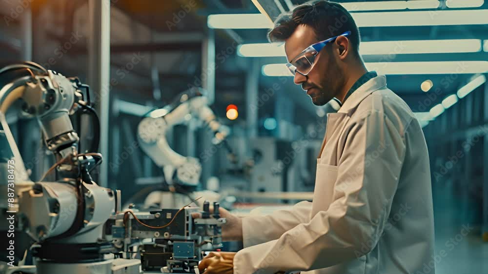 Aufkleber an engineer controls the assembly of parts using a robot on a factory production line.