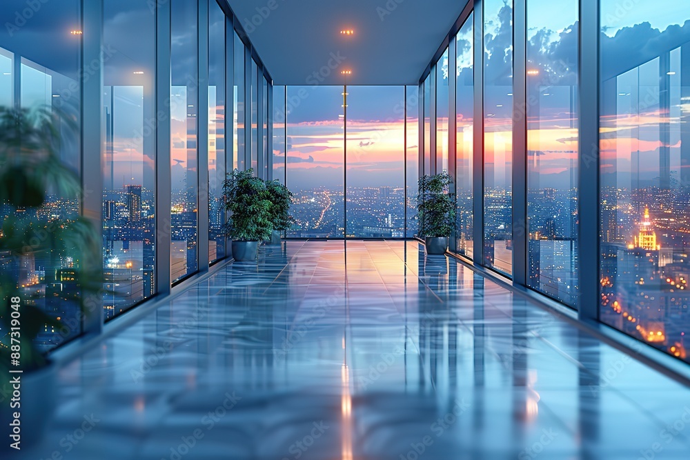 Poster a large, empty room with a view of the city and a large window