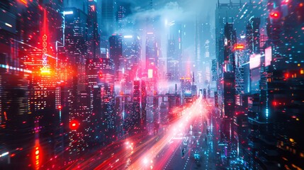 Glitchy futuristic city with fragmented skyscrapers and distorted neon signs, surrounded by digital noise 