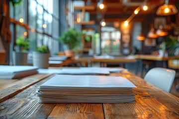 A stack of papers sits on a wooden table in a room with a potted plant