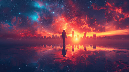 Fototapeta premium Futuristic Cityscape with Urban Silhouette, HDR Skyscrapers, and Cosmic Reflections, Embracing Innovation and Visionary Leadership in Modern Business, Wide Angle Digital Art