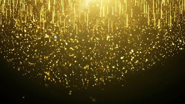 Gold confetti falls elegantly slowly on a black background