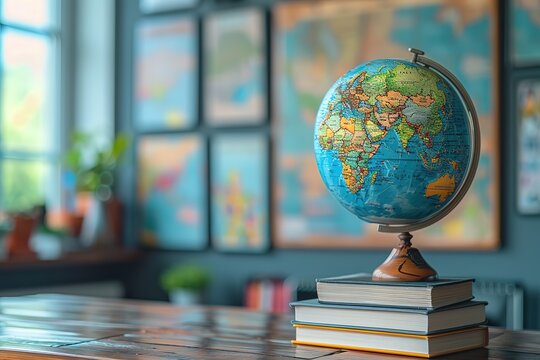 A globe sits on top of a stack of books