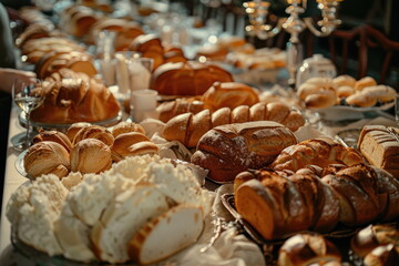 many bread on long table, Celebration, luxury food