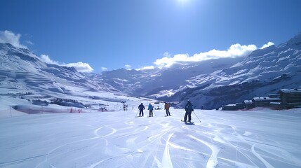People enjoying skiing and snowboarding in mountain ski resort with beautiful winter landscape in the background