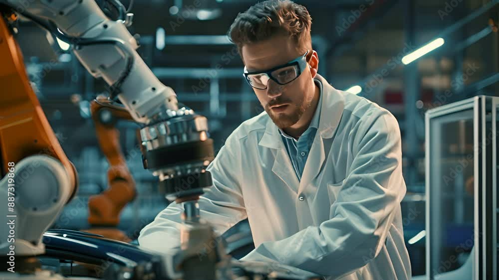Aufkleber an engineer controls the assembly of parts using a robot on a factory production line.