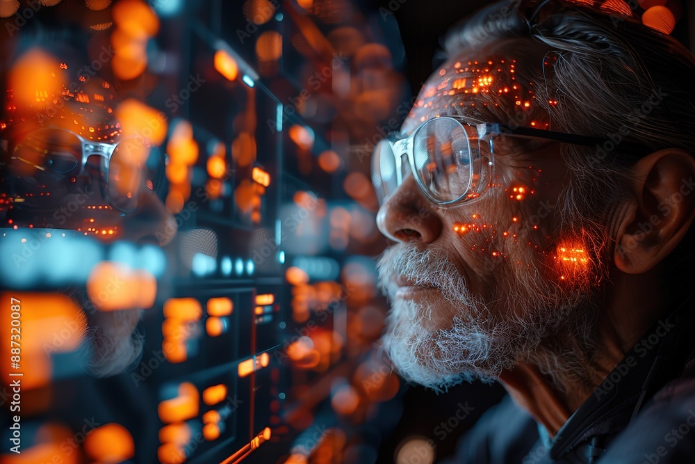 Aufkleber a man with glasses looking at a computer screen with a lot of numbers