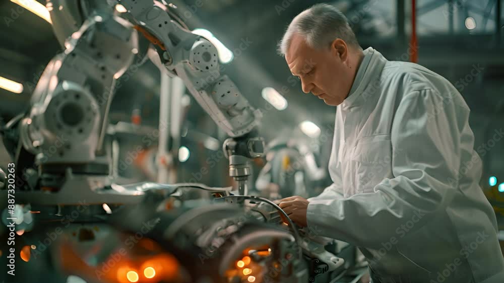 Aufkleber an engineer controls the assembly of parts using a robot on a factory production line.