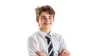 Portrait of a smiling handsome high school boy wearing a tie, isolated on transparent background