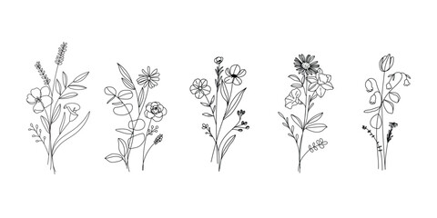 minimal line flower and botanical graphic sketch drawing, trendy tiny tattoo design, floral elements vector illustration