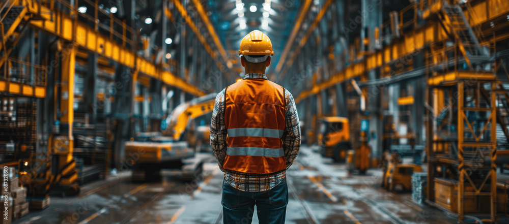 Poster engineer controls welding robotic arms in automotive factory using digital technology and ai for ind
